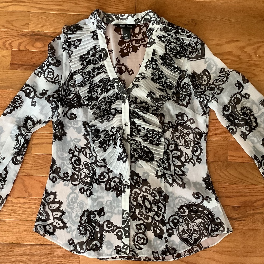 White House Black Market Black and White Ruffled Blouse